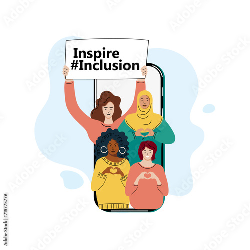 Women are showing sign of heart with their hands on smartphone screen. Inspire Inclusion is campaign theme of International Women's Day 2024. Online activism. Vector illustration.