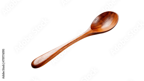 A wooden spoon resting on a white background.