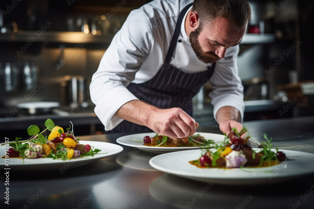 Professional Caucasian Chef in Kitchen, Creating Delicious Gourmet Salad with Expertise Professional Caucasian Chef in Kitchen, Creating Delicious Gourmet Salad with Expertise
