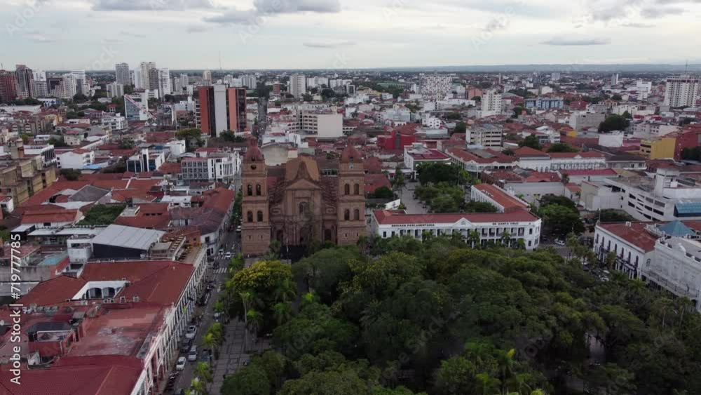 Aerial: Santa Cruz Basilica and Sept 24 Square in large Bolivian city Aerial: Santa Cruz Basilica and Sept 24 Square in large Bolivian city