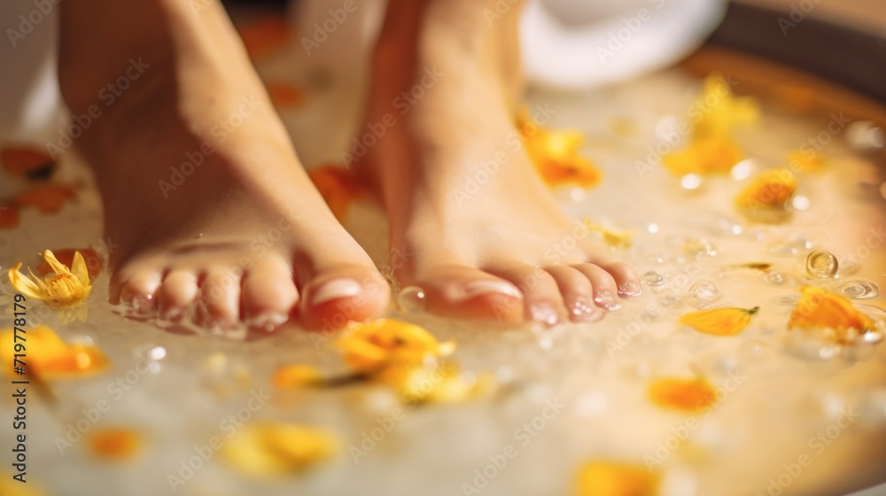 Closeup of a womans feet, soaking in a warm foot soak infused with essential oils and nourishing ingredients for soft, smooth skin. Closeup of a womans feet, soaking in a warm foot soak infused with essential oils and nourishing ingredients for soft, smooth skin.