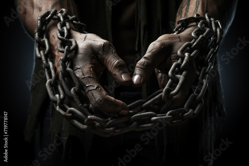 A pair of hands breaking chains, symbolizing the emancipation from constraints and the pursuit of personal freedom. Generative Ai.