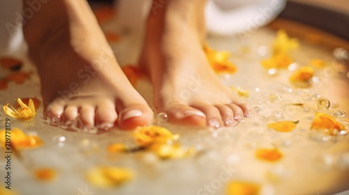 Closeup of a womans feet, soaking in a warm foot soak infused with essential oils and nourishing ingredients for soft, smooth skin. photo