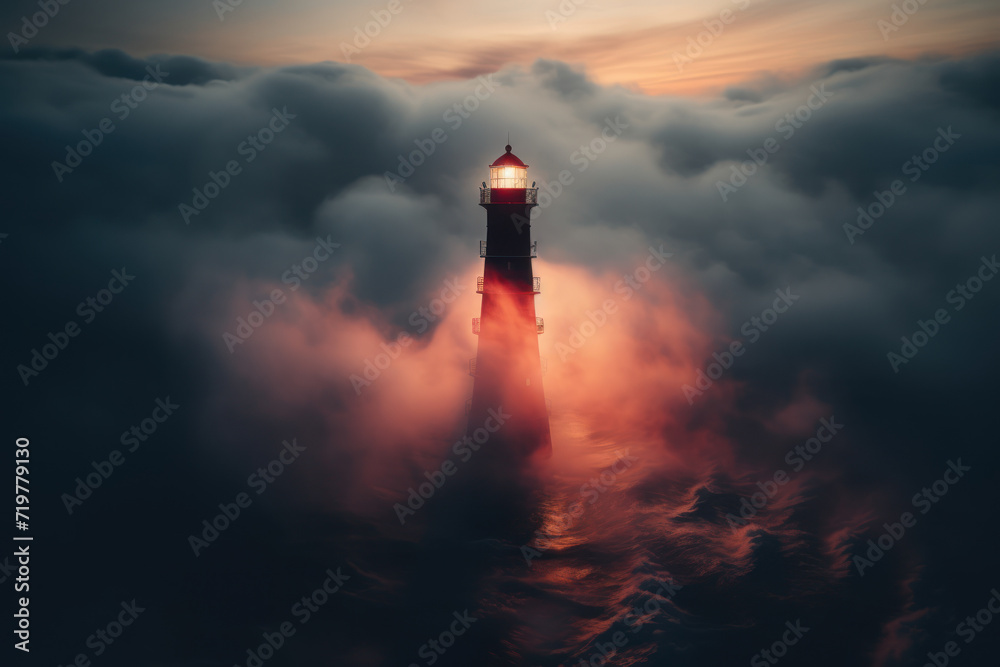 A lighthouse beacon cutting through the fog, representing the guiding and illuminating role of insightful concepts. Generative Ai.