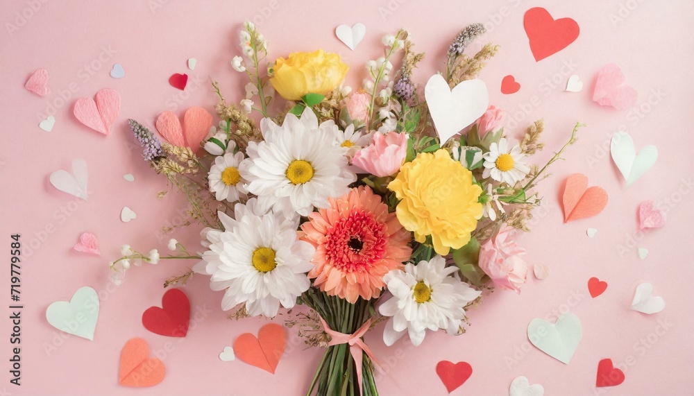 Bouquet of beautiful spring flowers and paper hearts on pastel pink . Flat lay. Bouquet of beautiful spring flowers and paper hearts on pastel pink . Flat lay.