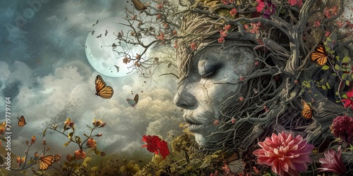 Mother nature  concept - gaia in the spring made of stone and plants