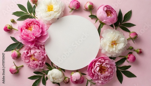 Mother's Day concept. Top view photo of white circle and natural flowers pink peony rose buds on isolated light pink background with empty space. International Woman Day, Valentine Day 