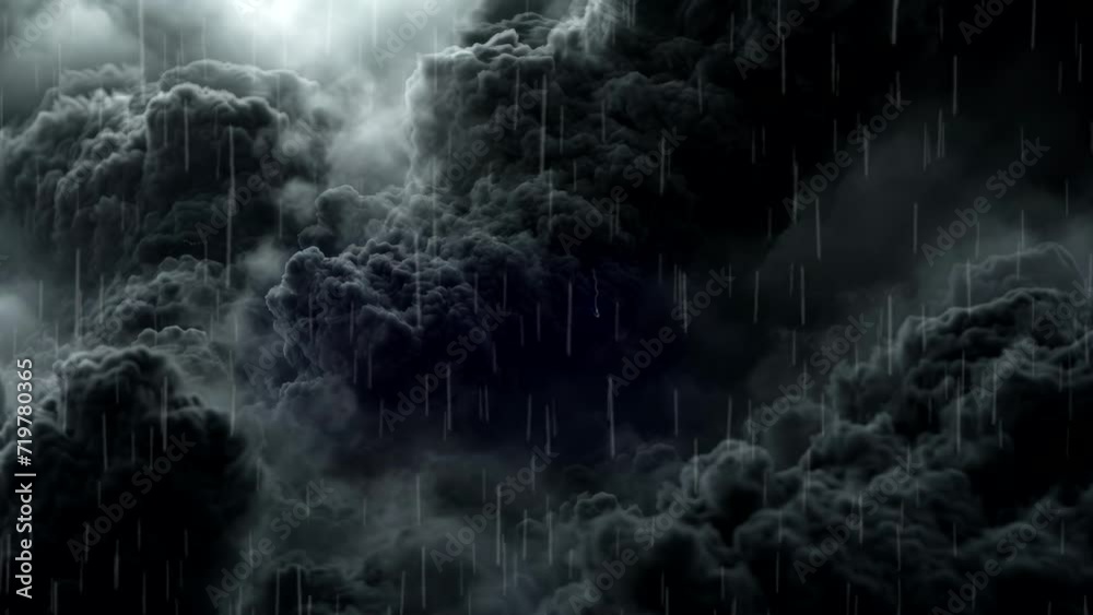 black cloudy with lighting storm, rainy weather concept video looping background