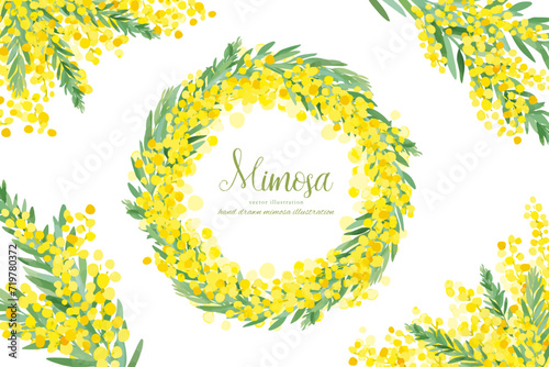 水彩風のアカシアブルーブッシュのリースとコーナー素材