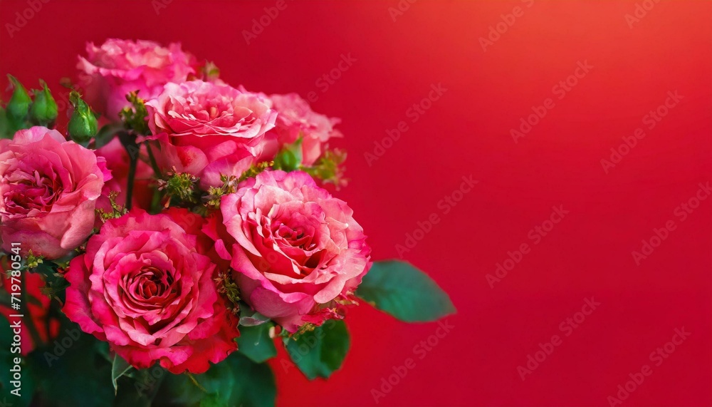 Bouquet of lush and small pink roses on bright red background with copy space and place for text . Holiday greeting card to Mother day, International Woman Day, Valentine Day.