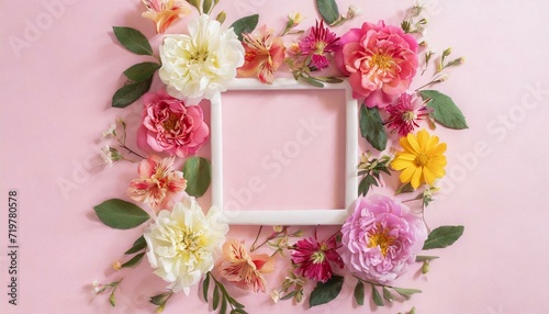 Square flower frame made of rose, aster and alstroemeria on a pink background. Greeting card template with copyspace. Festive concept. 
