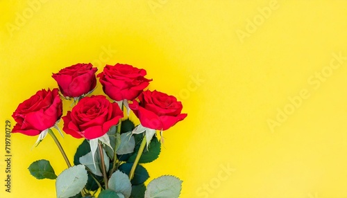 Bouquet of lush and small red roses on bright yellow background with copy space and place for text
