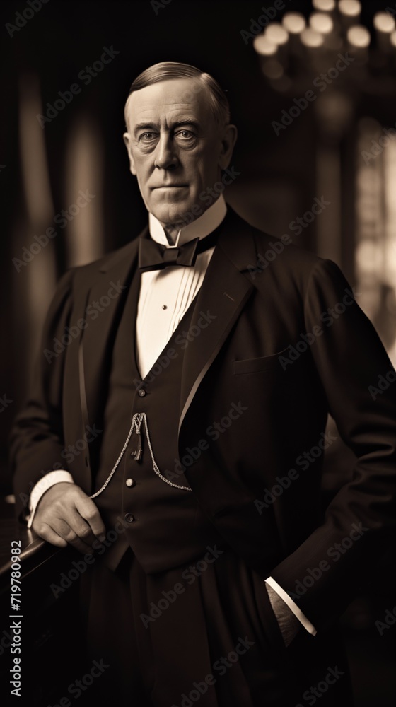 A black and white photo of President Woodrow Wilson. The individual who served as the President of the United States, hinting at the mystery surrounding his alleged top-level spy. - obrazy, fototapety, plakaty 