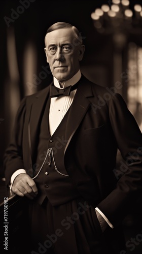 A black and white photo of President Woodrow Wilson. The individual who served as the President of the United States, hinting at the mystery surrounding his alleged top-level spy. photo