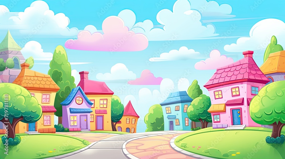 cartoon illustration Village. The street is empty, giving a calm and serene atmosphere under the clear blue sky.