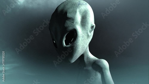 3D CGI  mid-shot pushing in to a close-up left profile of a classic, shiny-skinned Roswell grey alien looking eeire and menacing, in an ominous swirling cloud of mist, with grey and teal color tint photo