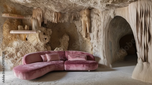 AI generated illustration of a spacious cavern featuring a stylish curved sofa