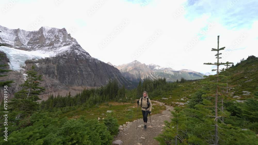 Woman hiking with nordic walking poles in green alpine valley through Canadian Rockies Woman hiking with nordic walking poles in green alpine valley through Canadian Rockies