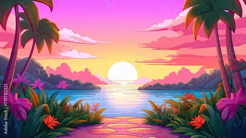 cartoon illustration tropical sunset day. © chesleatsz