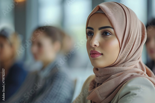 Young Arab woman listening to presentation in office group meeting