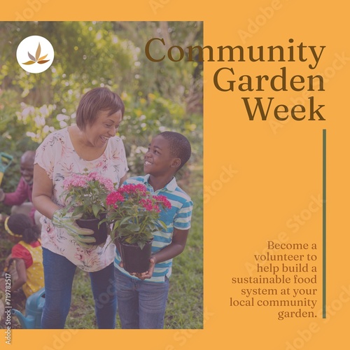 Composition of community garden week text over diverse woman and boy gardening