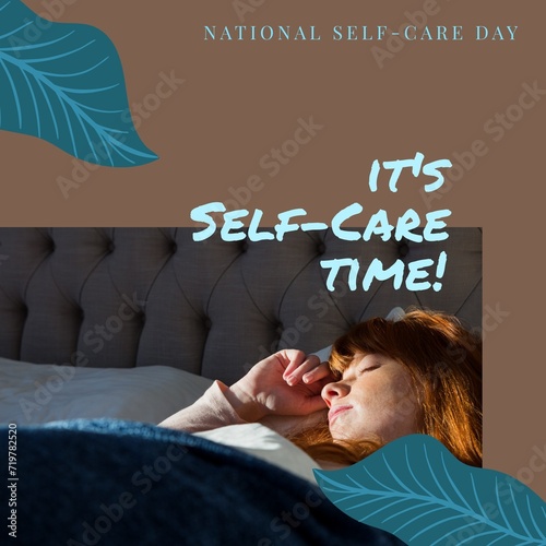 Composition of it's self-care time text over caucasian woman sleeping in bed on brown background