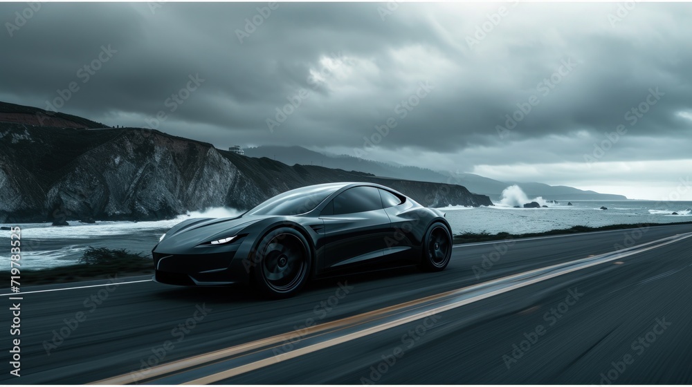 Speeding luxury car on a scenic highway under a blurred sky, showcasing the thrill of fast driving and the beauty of nature in motion