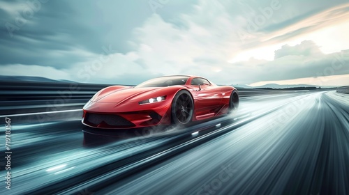 Speeding red sports car drives along the road with motion blur, showcasing the luxury and design of the new model photo