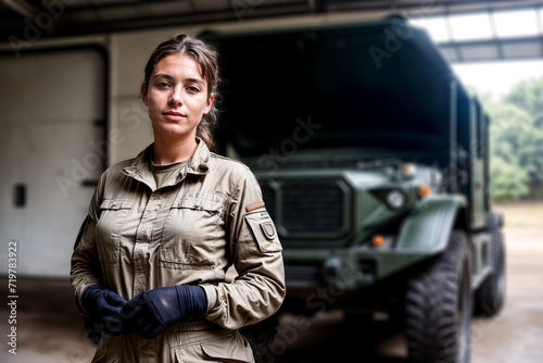 skilled and empowered attractive female mechanic in the military, symbolizing gender diversity and expertise within the armed forces © Portrait Studio
