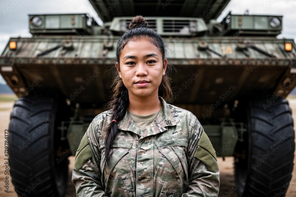 skilled and empowered Asian female mechanic in the military, symbolizing gender diversity and expertise within the armed forces. skilled and empowered Asian female mechanic in the military, symbolizing gender diversity and expertise within the armed forces.