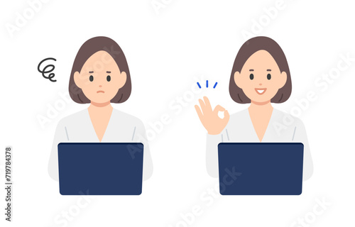 パソコンを見て悩む･OKポーズをするビジネスパーソン女性のセット【人物ベクターイラスト素材】