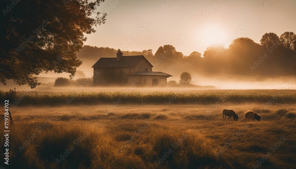 Morning scene in the peaceful countryside with warm tones Morning scene in the peaceful countryside with warm tones