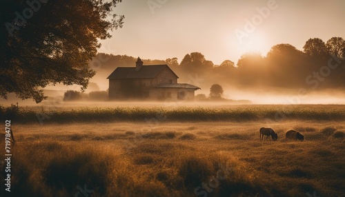 Morning scene in the peaceful countryside with warm tones