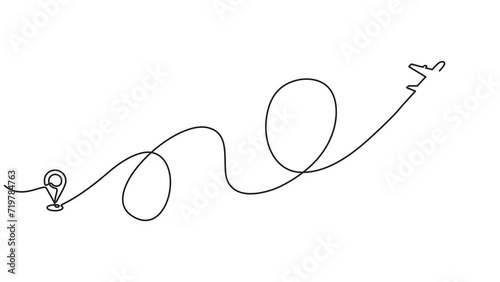 Continuous one line animation. Hand drawn animated motion graphic element of airplane path of an airplane flight route with starting point and one line trace. 4k videos