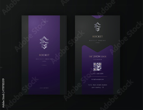 Modern Vertical Business Card for Professionals: Simplicity in Purple Black and Silver Metallic