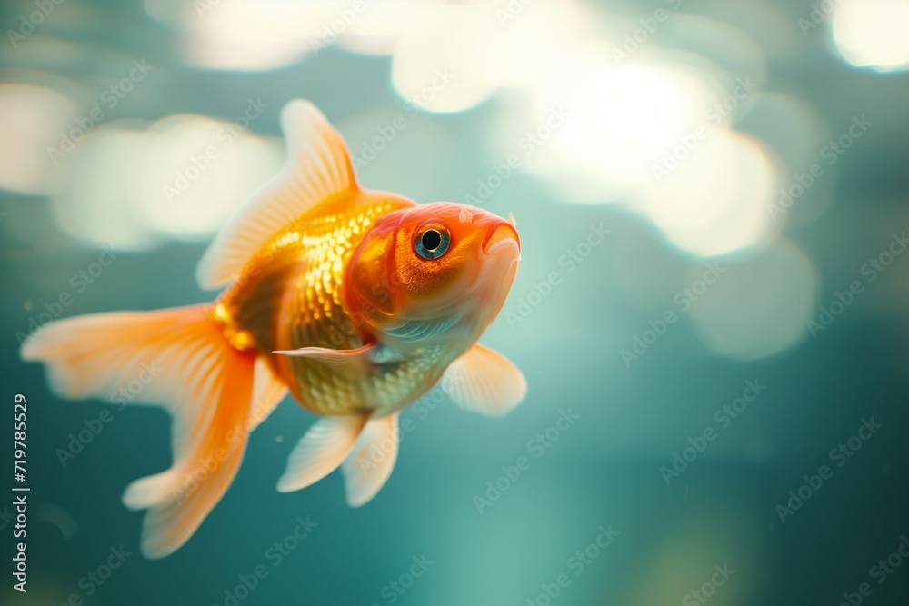 Goldfish swimming in the water, close up view, copy space