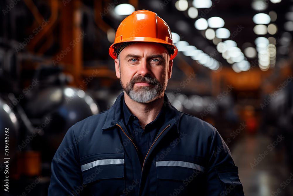 Portrait of a worker or industrial engineer wearing a hard hat and worker uniform in a factory plant or refinery. Generative AI Portrait of a worker or industrial engineer wearing a hard hat and worker uniform in a factory plant or refinery. Generative AI