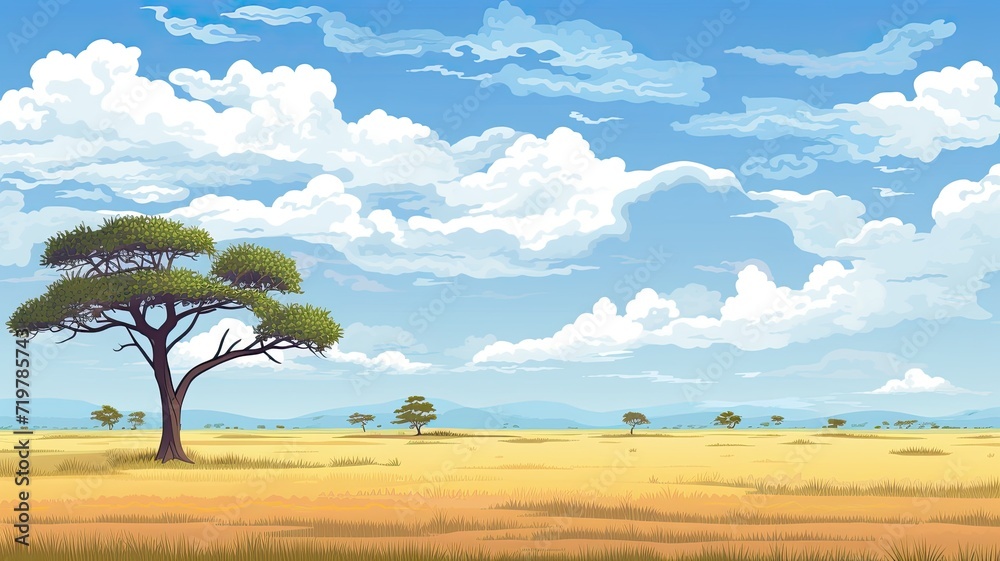 Obraz premium cartoon illustration savannah landscape, golden grasslands stretching out to the horizon, sky filled with fluffy white clouds