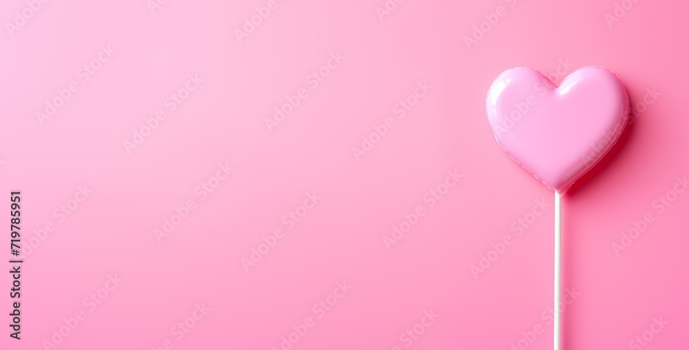 Heart shaped pink candy on a stick on pink background with copy space. Cute tasty sweets on a stick. Symbol of love. Sweet assorted candy on pink background. Delicious romantic Valentine's Day gift.