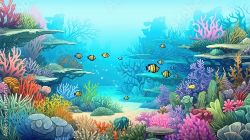 cartoon illustration largest coral reef system teeming with marine life.