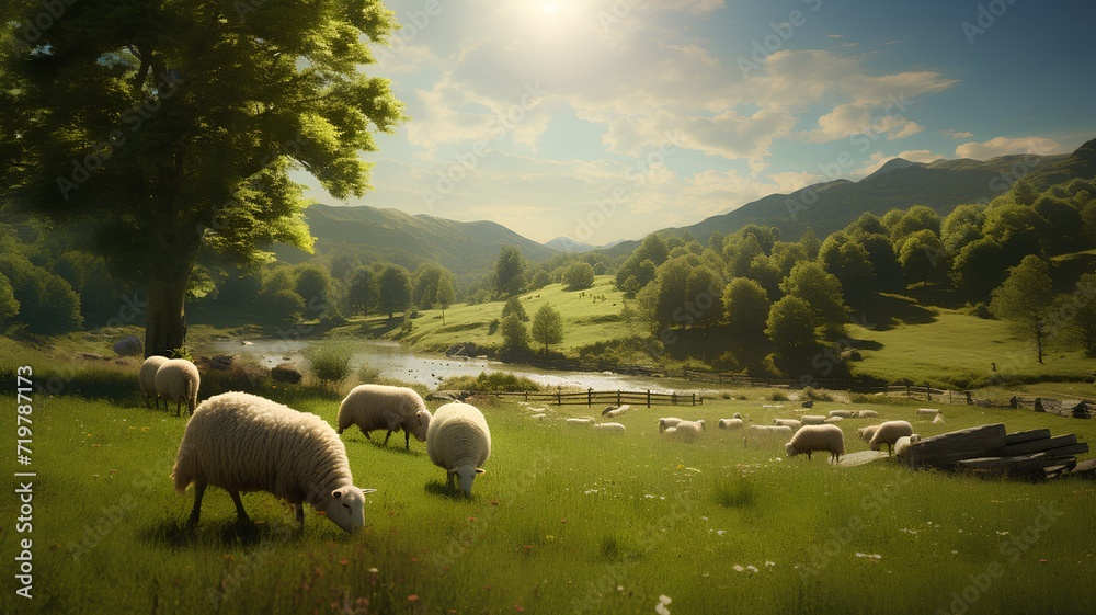 Fototapeta premium AI generated illustration of a herd of sheep grazing in the field on a sunny day