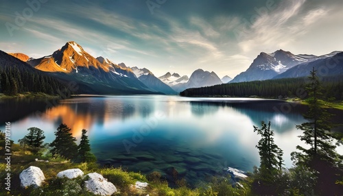 AI generated illustration of stunning mountain landscape mirrored in serene lake waters © Wirestock