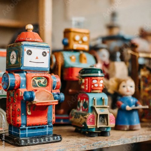 AI generated illustration of vintage tin toy collection on display shelf