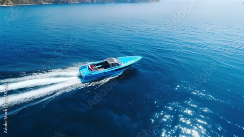 AI generated illustration of a motorboat in the blue calm lake