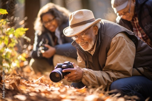 Senior nature photography club. group of senior african american people of taking photos of flora and fauna,