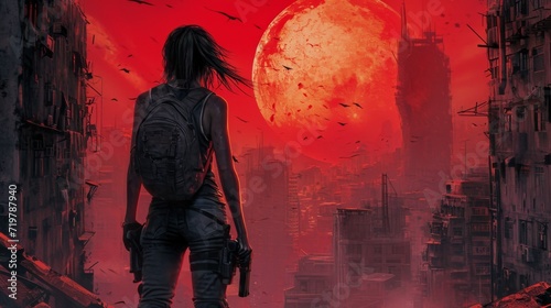 Lone survivor walking in a desolate city under a blood-red moon  AI-generated.