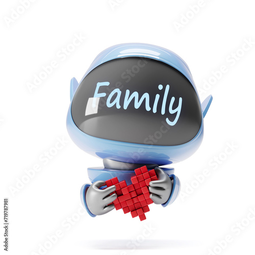 Cartoon cute blue robot with the inscription family looking at the camera and holding a red heart in his hands. He wants to become part of your family. Artificial intelligence is man's friend. 3D work