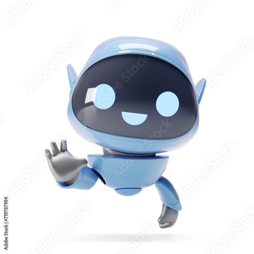Cartoon cute blue robot smiles and looks at the camera and waves his hand. Greetings from artificial intelligence. 3D work on a white background..
