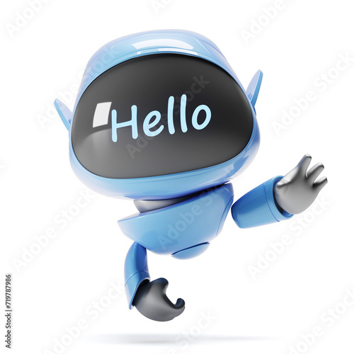 Cartoon cute blue robot with hello lettering looks at the camera and waves. He greets you. Artificial intelligence is man's friend. 3D work on a white background..