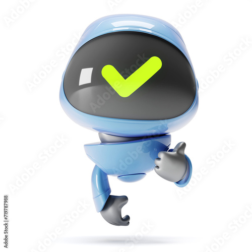 Cartoon cute blue robot with a green checkmark looking at the camera and giving a thumbs up. He wants to say that everything is fine and he understood everything. Artificial intelligence is man's frie